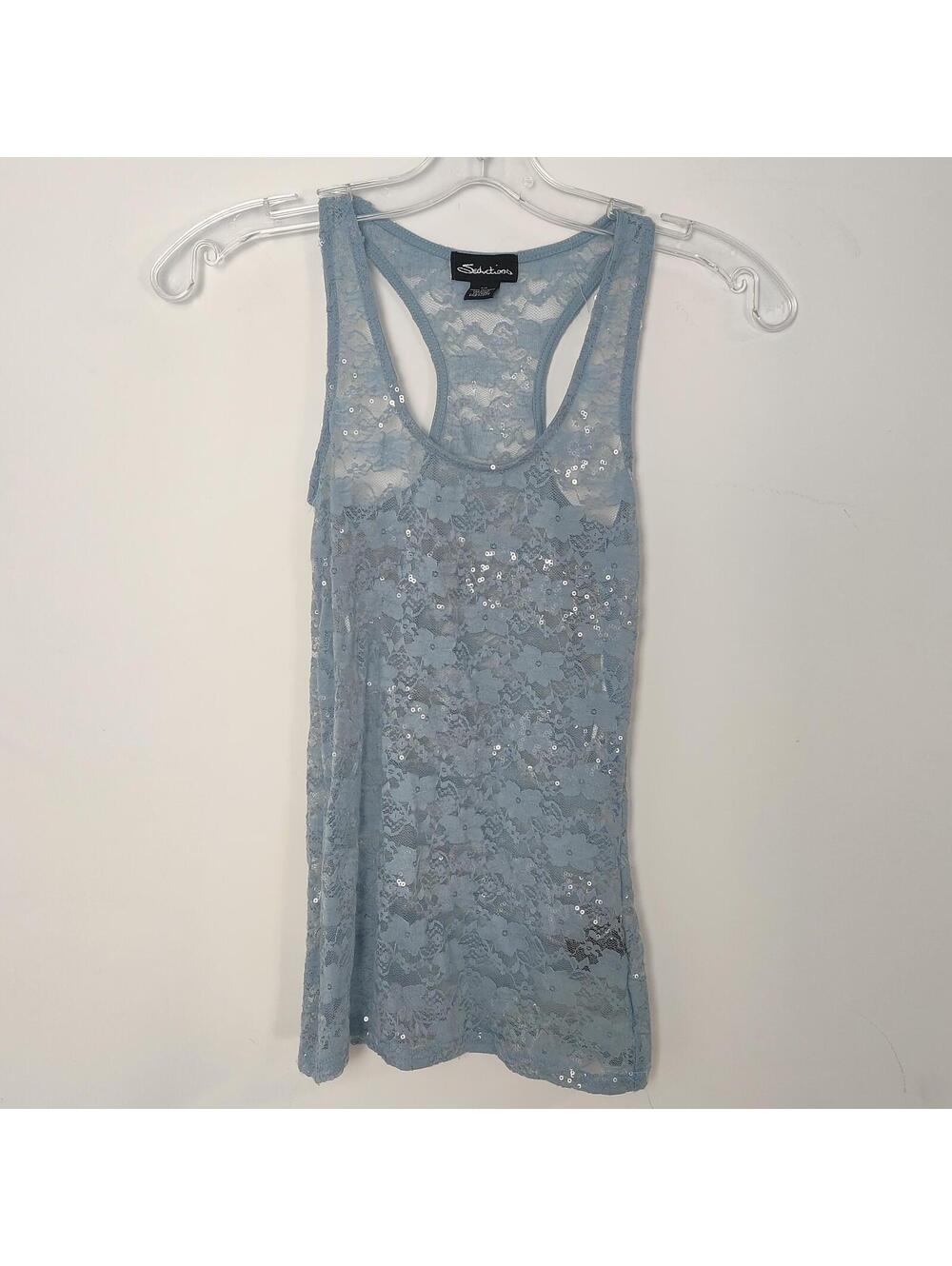 Seductions Blue Lace Sequin Racerback Tank Top Women’s Small Y2K